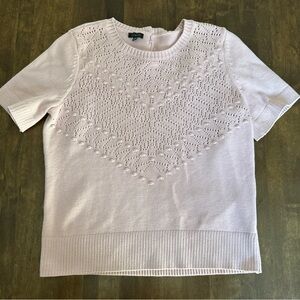 Talbots Knitted Top Pink Ribbed Hem Back Button Short Sleeve Office Size M 💕